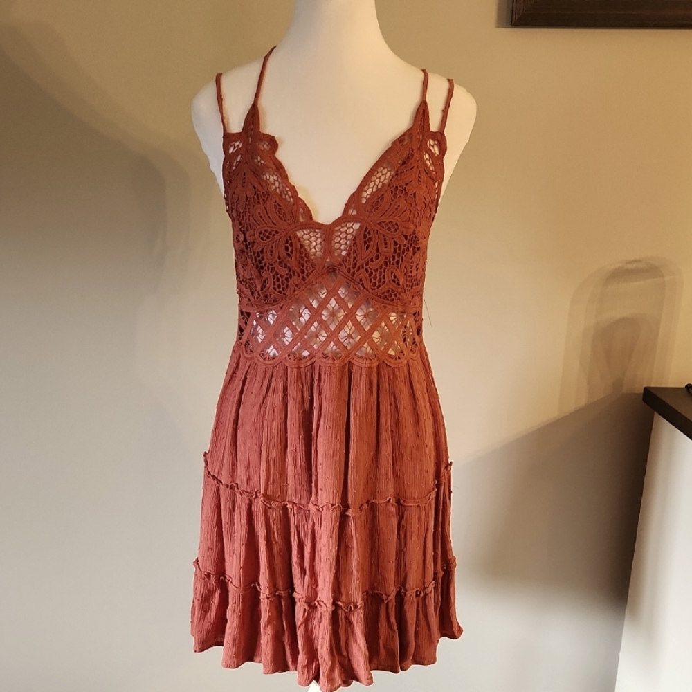 Rust Crochet Bodice Mini Dress with Tiered Skirt